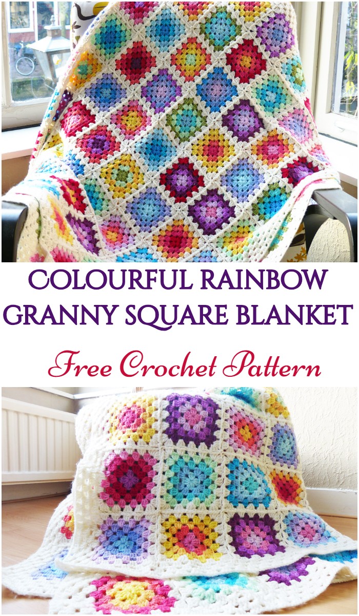 Colourful rainbow granny square blanket