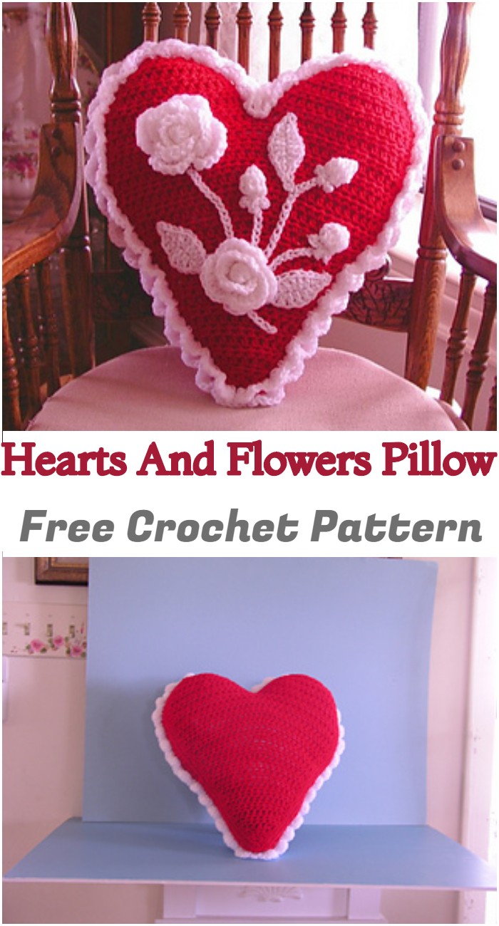 Crochet Hearts And Flowers Pillow