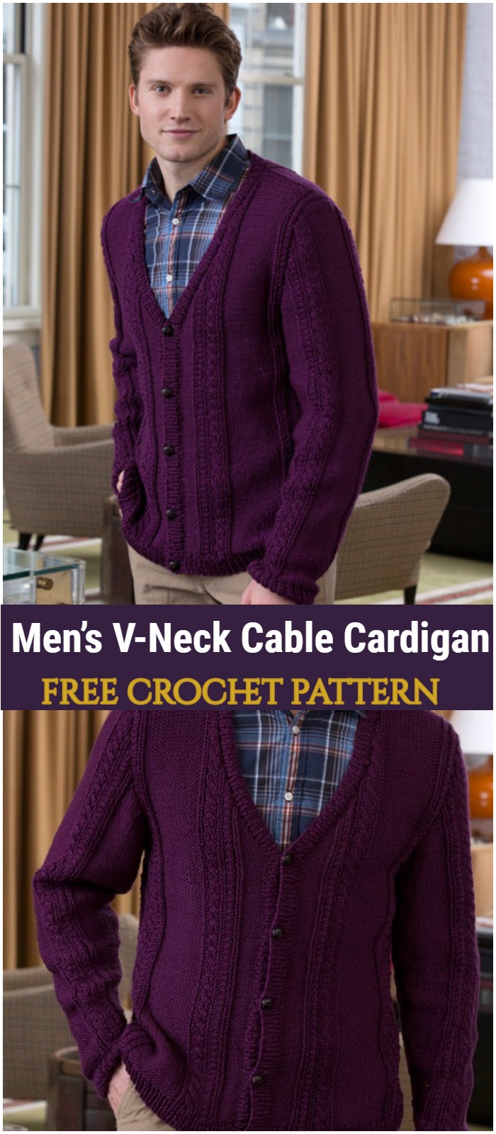 Crochet Men’s V-Neck Cable Cardigan