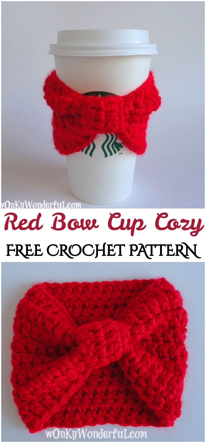 Crochet Red Bow Cup Cozy