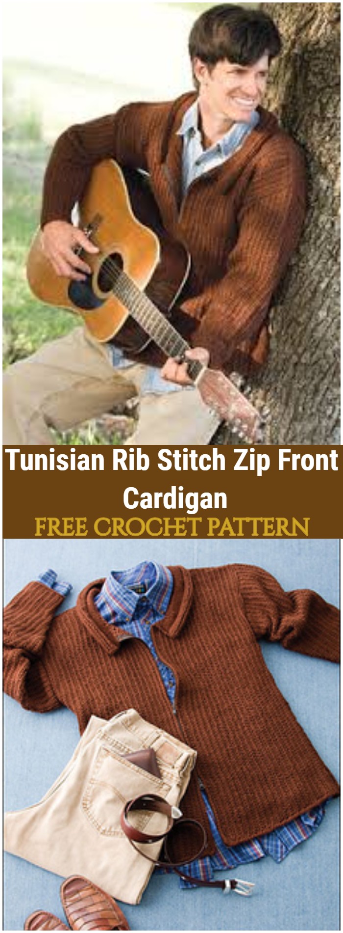 Crochet Tunisian Rib Stitch Zip Front Cardigan