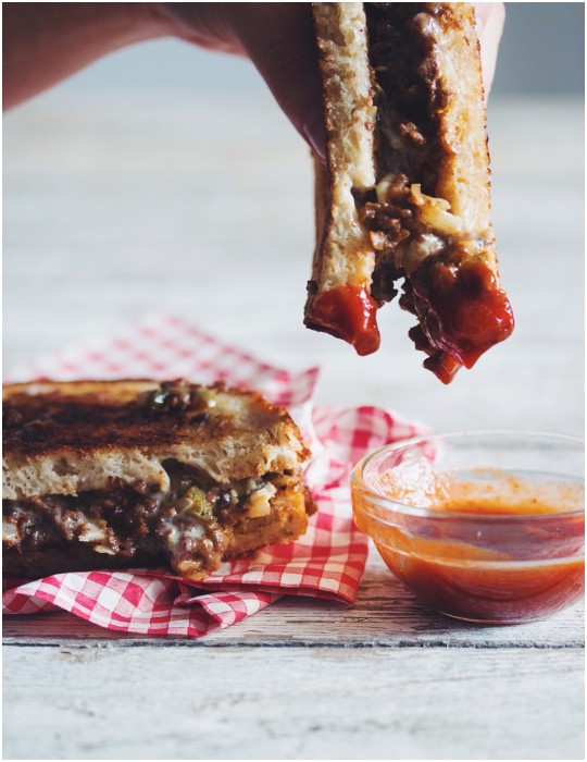 Vegan Grilled Cheese & Beef Sandwich with Sriracha Ketchup