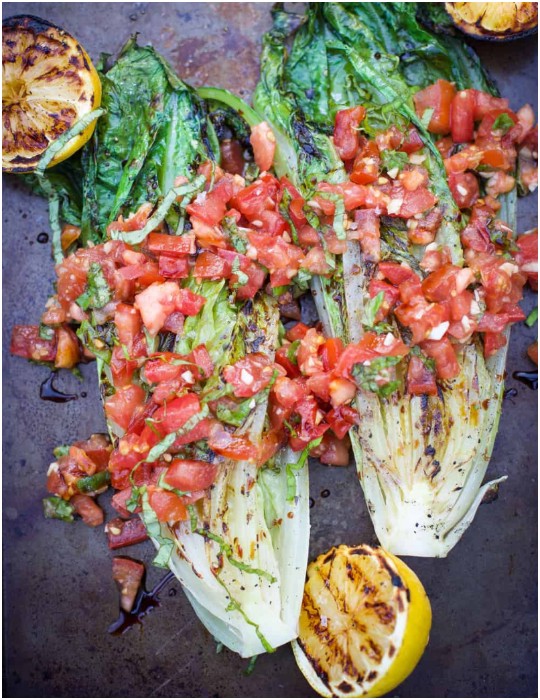 Grilled Romaine Lettuce with Tomatoes and Basil