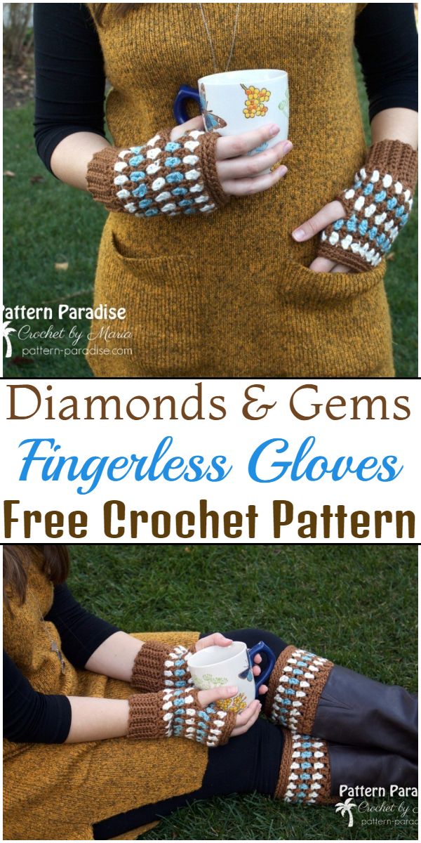 Free Crochet Diamonds & Gems Fingerless Gloves Pattern