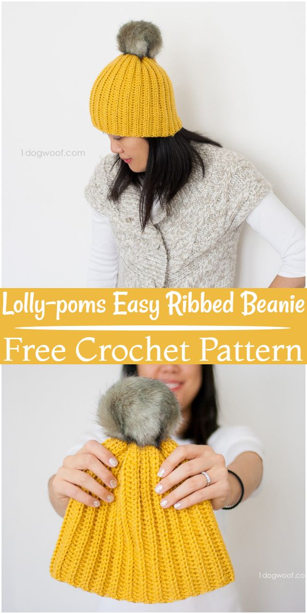 Free Crochet Lolly-poms Easy Ribbed Beanie Pattern