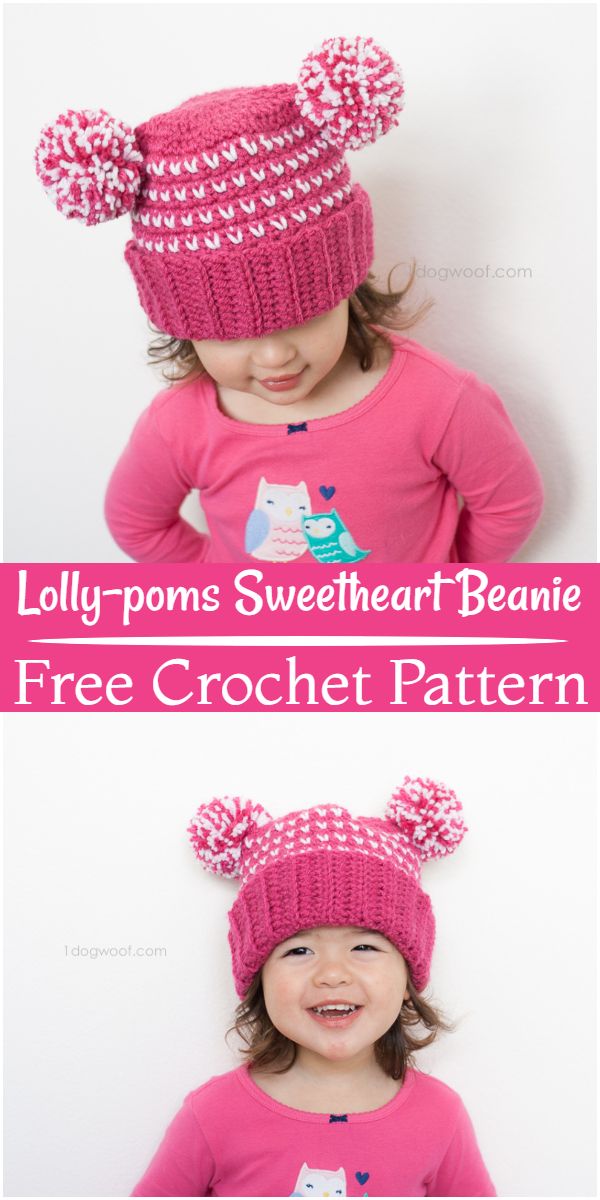Free Crochet Lolly-poms Sweetheart Beanie Pattern